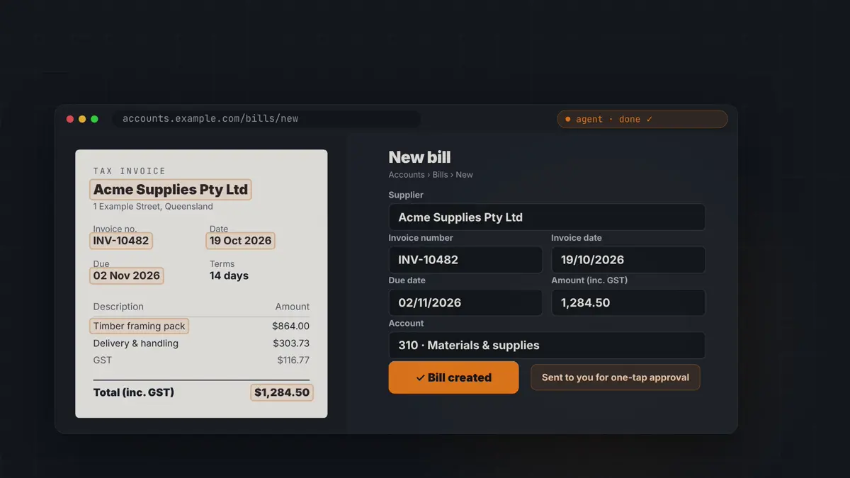 Demo: a supplier invoice next to a new bill form that an AI agent has filled in, waiting for one-tap approval