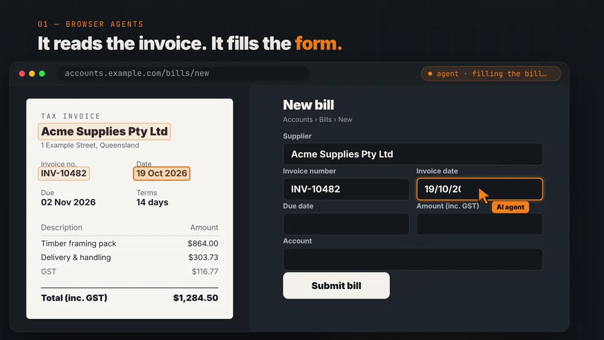 Demo: an AI browser agent typing invoice details into an accounts form