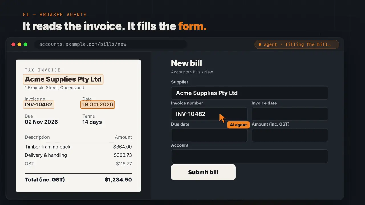 Demo: an AI agent reading a supplier invoice and filling in a new bill form